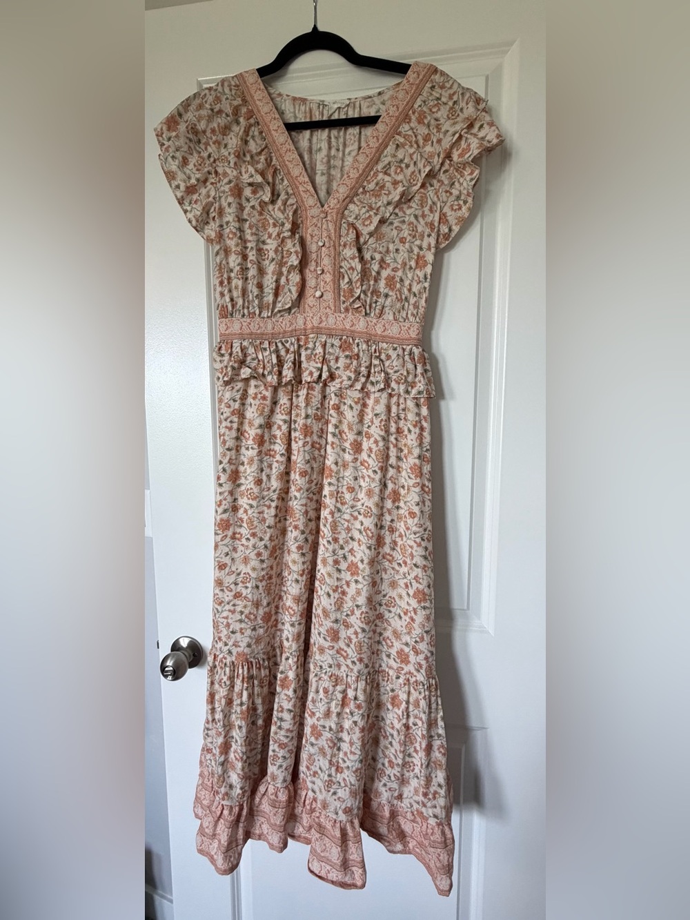 By The River Romantic Pink Floral Ruffle Smocked Midi Dress - Medium